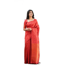 Generic Women's Soft Lichi Silk Printed Saree With Unstitched Blouse 5.5Mtr (Red)