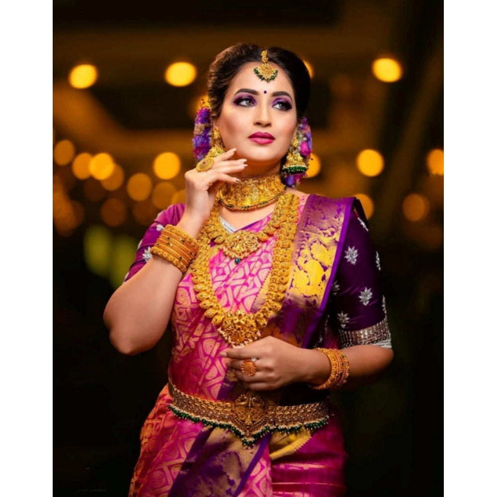 Generic Women's Soft Lichi Silk Printed Saree With Unstitched Blouse 5.5Mtr (Pink)