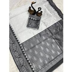 Generic Women's Soft Lichi Silk Printed Saree With Unstitched Blouse 5.5Mtr (Off-White)