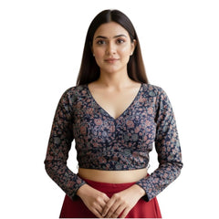 Generic Women's Ajrakh Cotton Printed V-Neck Padded Blouse (Navy 38 Ready (Self Alterable 36–40)