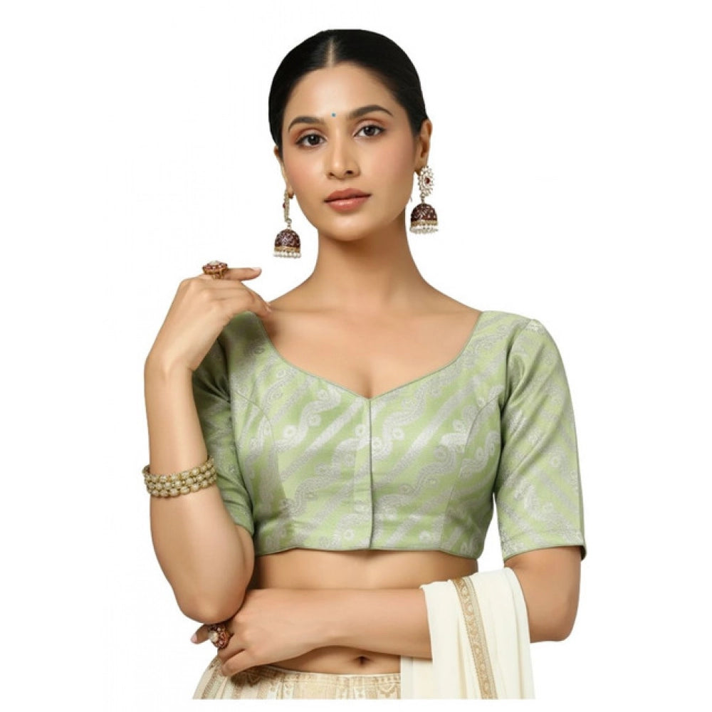 Generic Women's Jacquard Zari Round Neck Padded Blouse (Light Green 38 Ready (Self Alterable 36–40)