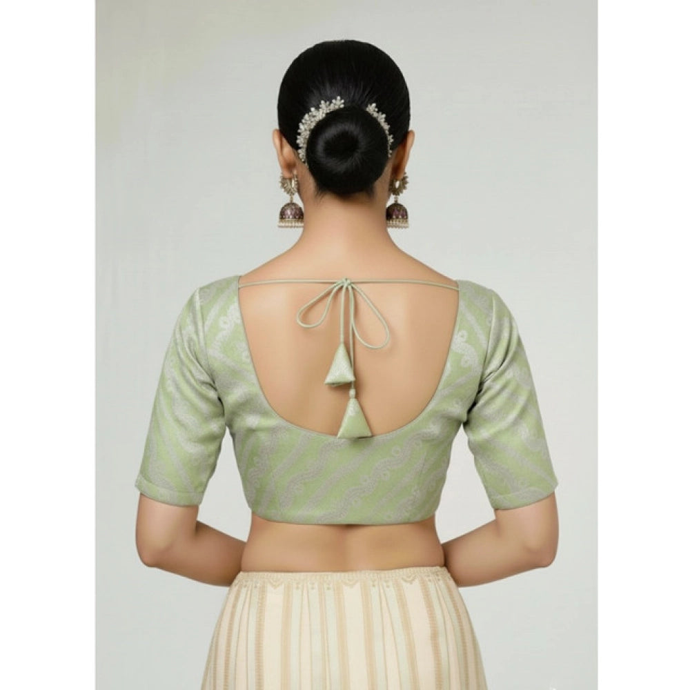 Generic Women's Jacquard Zari Round Neck Padded Blouse (Light Green 38 Ready (Self Alterable 36–40)