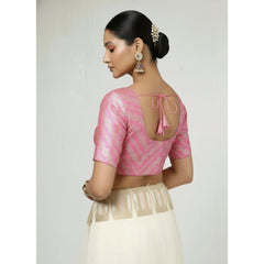 Generic Women's Jacquard Zari Round Neck Padded Blouse (Light Pink 38 Ready (Self Alterable 36–40)