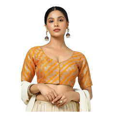 Generic Women's Jacquard Zari Round Neck Padded Blouse (Orange 38 Ready (Self Alterable 36–40)
