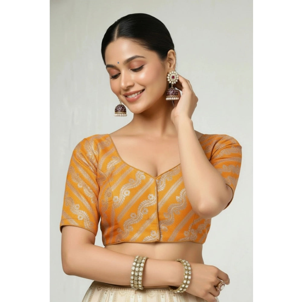 Generic Women's Jacquard Zari Round Neck Padded Blouse (Orange 38 Ready (Self Alterable 36–40)