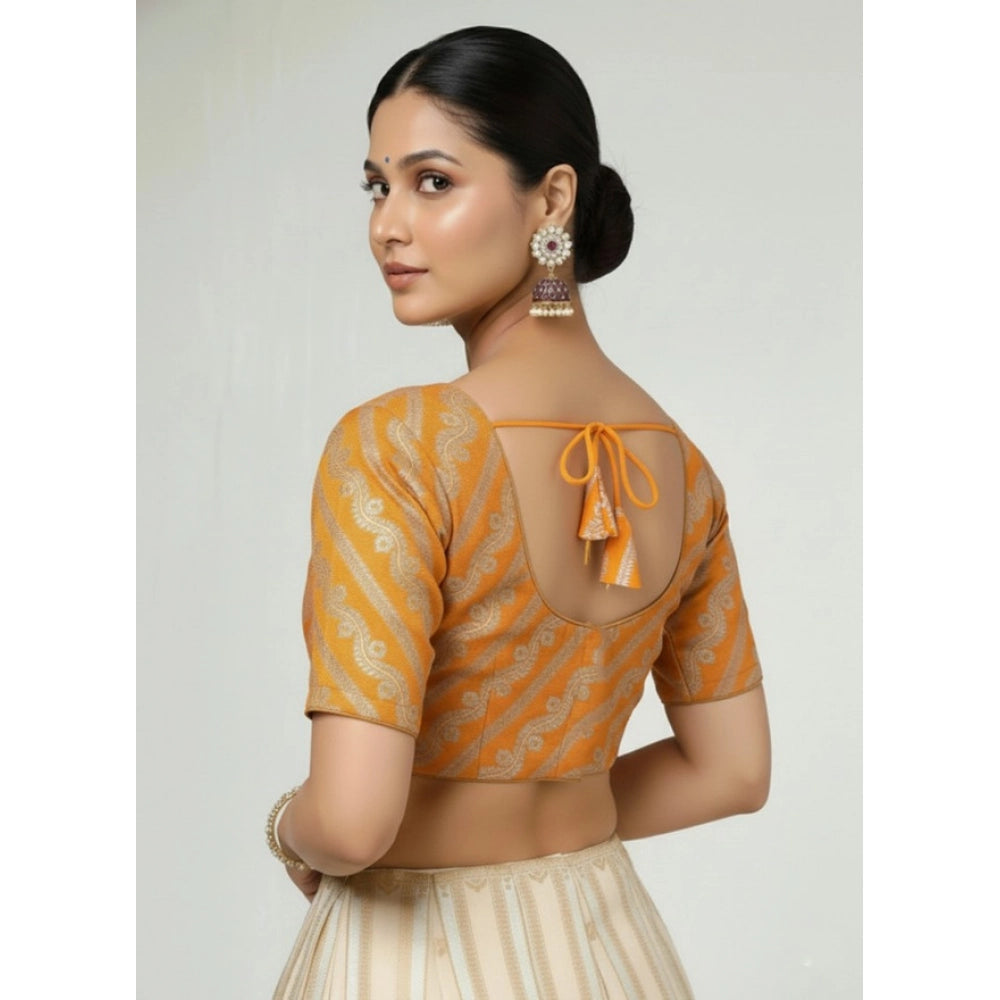 Generic Women's Jacquard Zari Round Neck Padded Blouse (Orange 38 Ready (Self Alterable 36–40)
