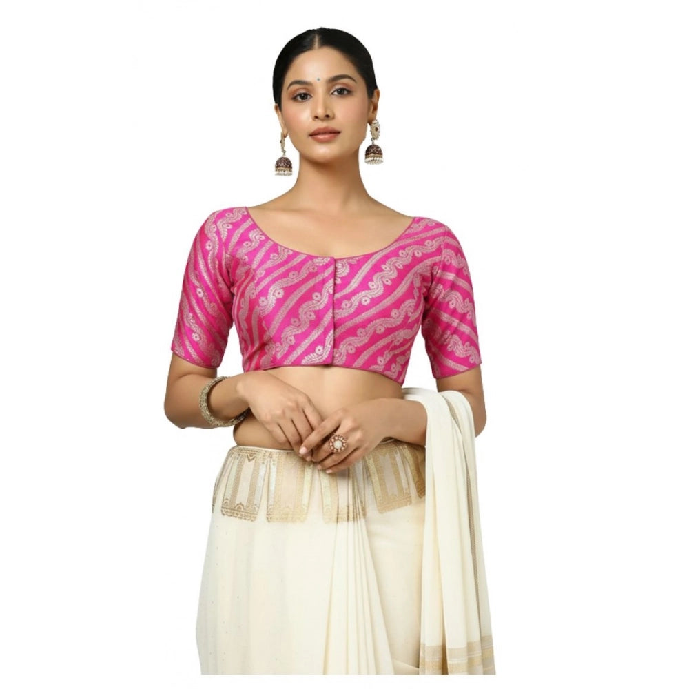 Generic Women's Jacquard Zari Round Neck Padded Blouse (Pink 38 Ready (Self Alterable 36–40)