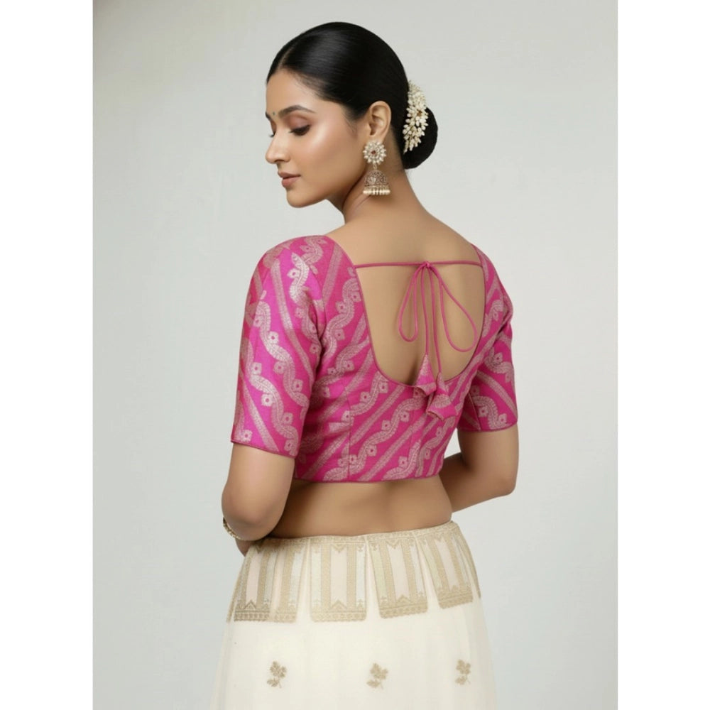 Generic Women's Jacquard Zari Round Neck Padded Blouse (Pink 38 Ready (Self Alterable 36–40)