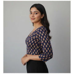 Generic Women's Ajrakh Cotton Printed Halter Neck Padded Blouse (Navy 38 Ready (Self Alterable 36–40)