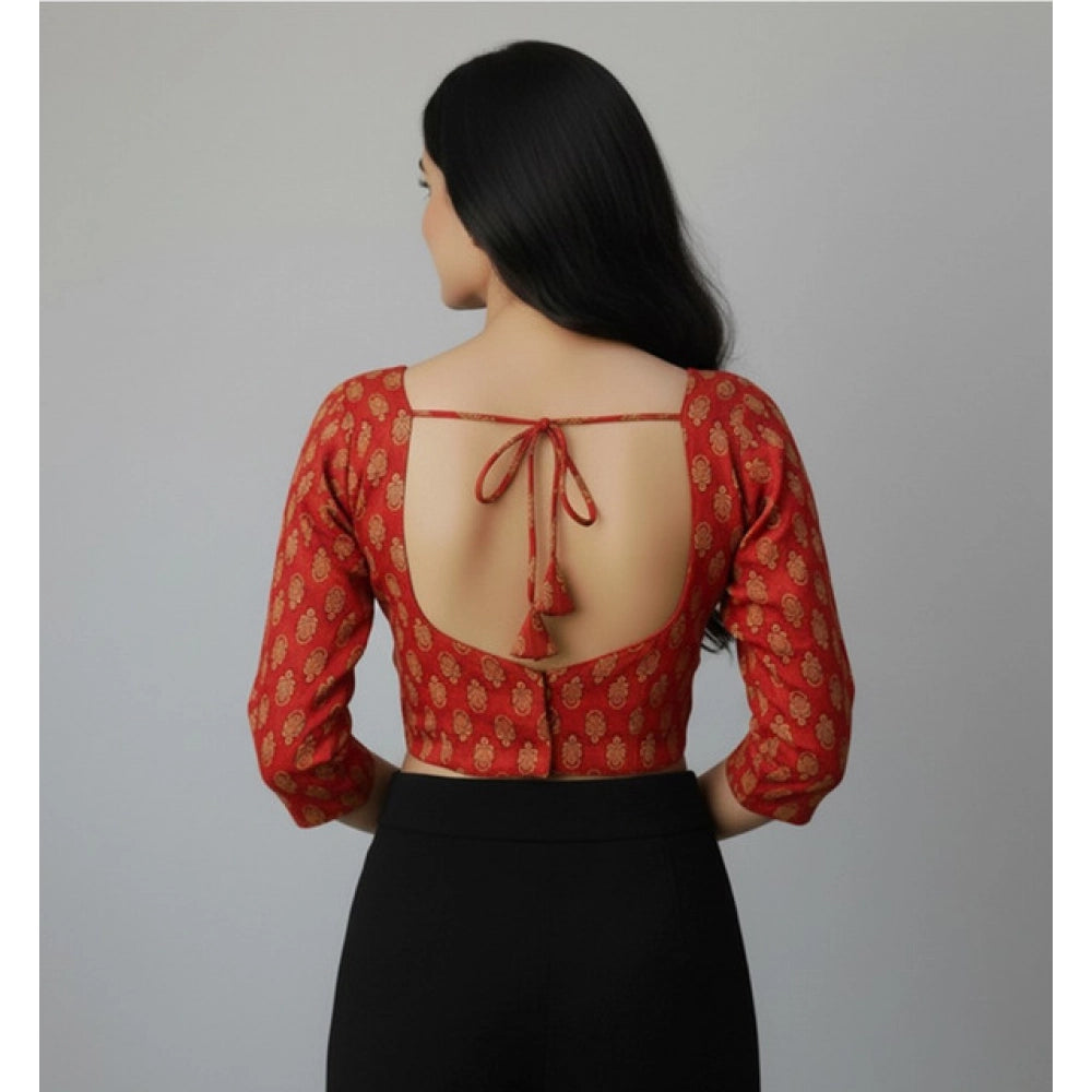 Generic Women's Ajrakh Cotton Printed Halter Neck Padded Blouse (Red 38 Ready (Self Alterable 36–40)