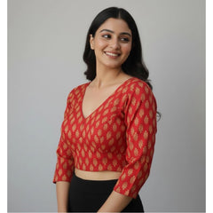 Generic Women's Ajrakh Cotton Printed Halter Neck Padded Blouse (Red 38 Ready (Self Alterable 36–40)