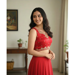 Generic Women's Zimmi Choo Embroidered V-Neck Padded Blouse (Red 38 Ready (Self Alterable 36–40)