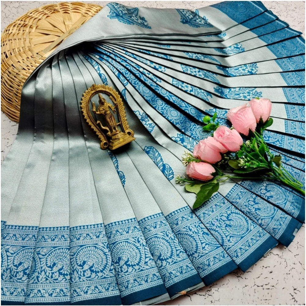 Generic Women's Soft Silk Printed Saree With Unstitched Blouse 5.5Mtr (Silver Blue)