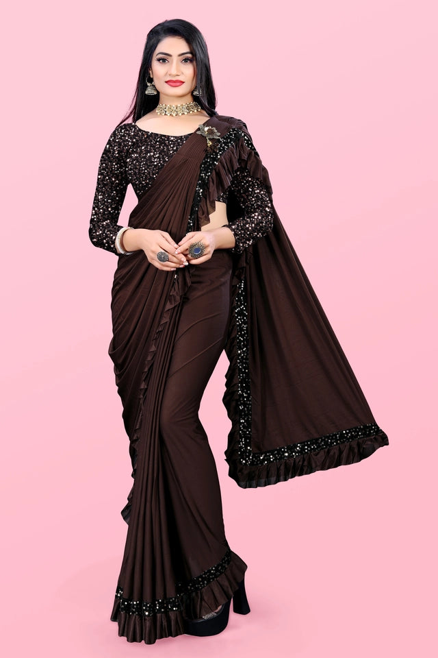 Lycra Blend Solid Saree for Women (Maroon, 6.3 m)
