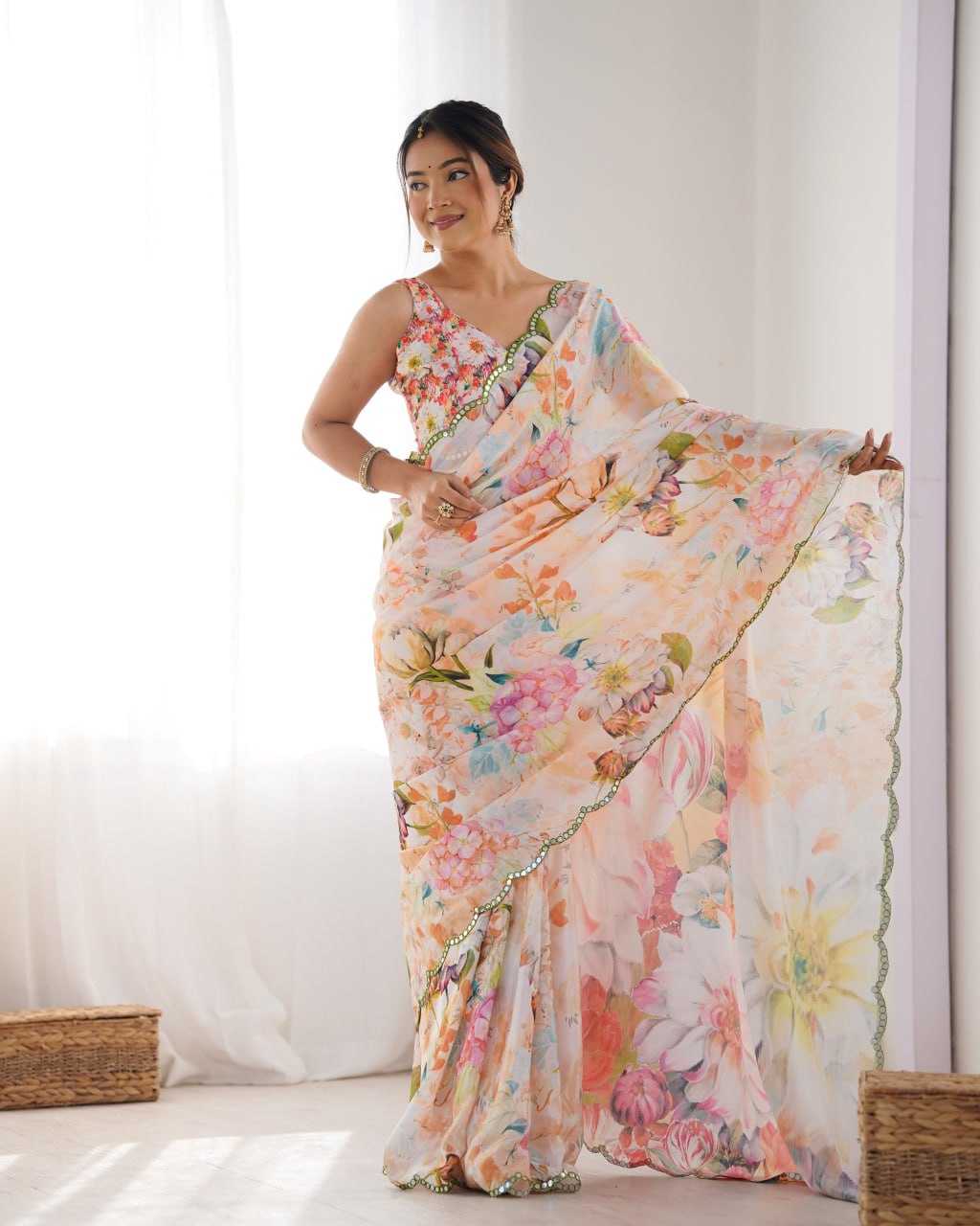 KSA Chinon KESH595 22 Sarees Wholesale Fancy Sarees Printed Sarees Cutwork Saree Mirror Work Saree Manufacturer