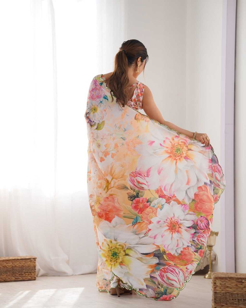 KSA Chinon KESH595 22 Sarees Wholesale Fancy Sarees Printed Sarees Cutwork Saree Mirror Work Saree Manufacturer