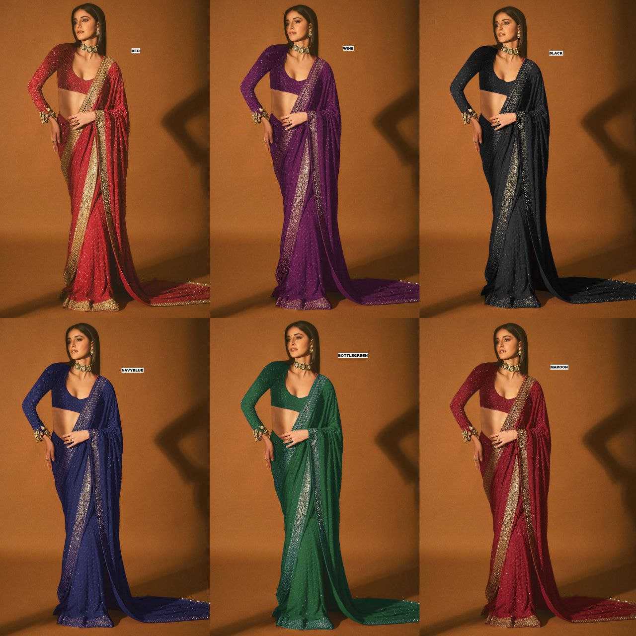 Ksa Faux Georgette KESH524 3465 Sarees Bollywood Collections Wholesale Georgette Sarees Embroidered Sarees Ananya Pandey Sarees Manufacturer