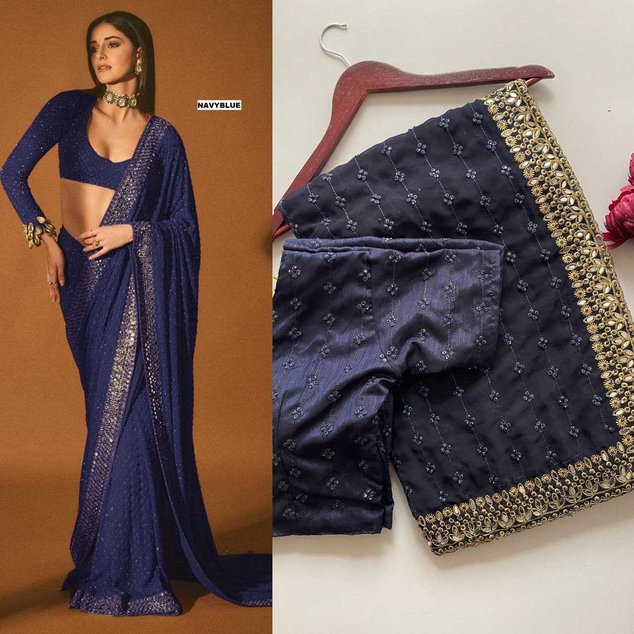 Ksa Faux Georgette KESH524 3465 Sarees Bollywood Collections Wholesale Georgette Sarees Embroidered Sarees Ananya Pandey Sarees Manufacturer