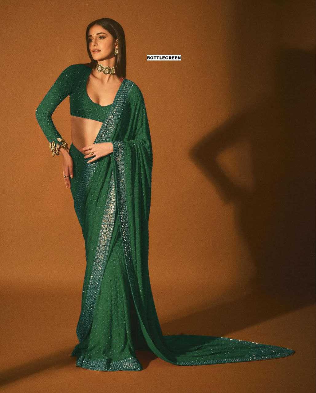 Ksa Faux Georgette KESH524 3465 Sarees Bollywood Collections Wholesale Georgette Sarees Embroidered Sarees Ananya Pandey Sarees Manufacturer