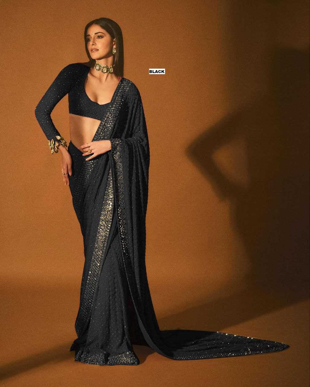 Ksa Faux Georgette KESH524 3465 Sarees Bollywood Collections Wholesale Georgette Sarees Embroidered Sarees Ananya Pandey Sarees Manufacturer