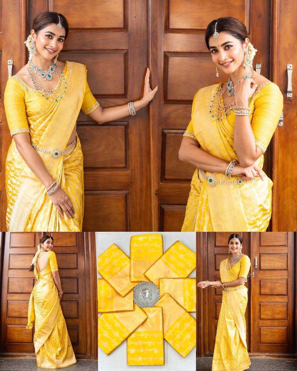 ksa Lichi Silk KESH551 248 Silk Sarees Bollywood Collections Wholesale Yellow Silk Sarees Pooja Hedge Manufacturer