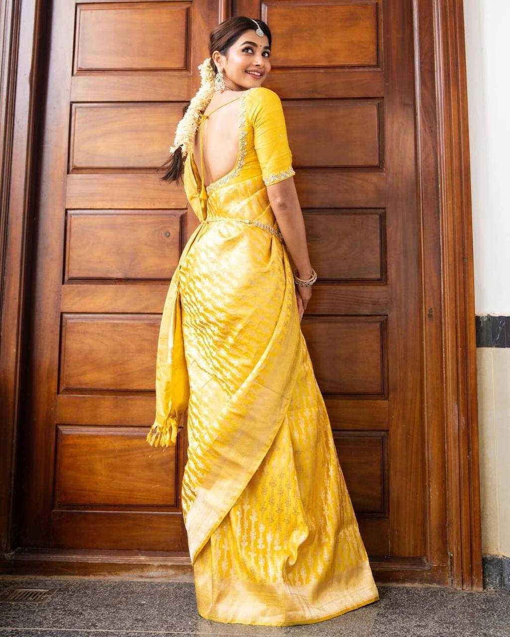 ksa Lichi Silk KESH551 248 Silk Sarees Bollywood Collections Wholesale Yellow Silk Sarees Pooja Hedge Manufacturer