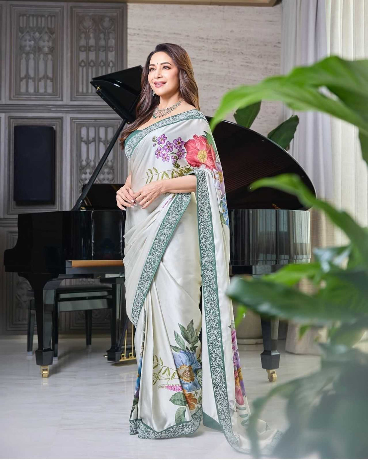 Ksa Satin RIN188 Madhuri Digital Sarees Sarees Bollywood Collections Wholesale Fancy Sarees Floral Sarees Madhuri Dixit Sarees Satin Sarees Manufacturer