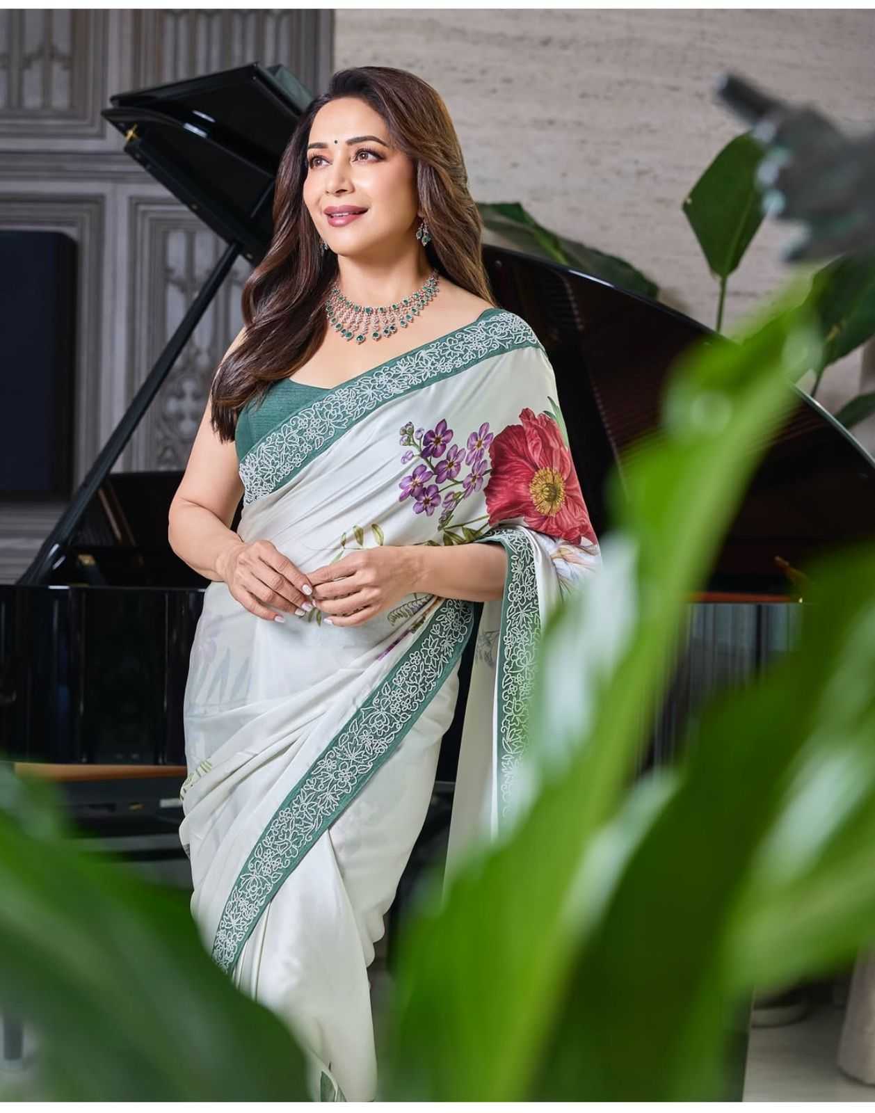Ksa Satin RIN188 Madhuri Digital Sarees Sarees Bollywood Collections Wholesale Fancy Sarees Floral Sarees Madhuri Dixit Sarees Satin Sarees Manufacturer